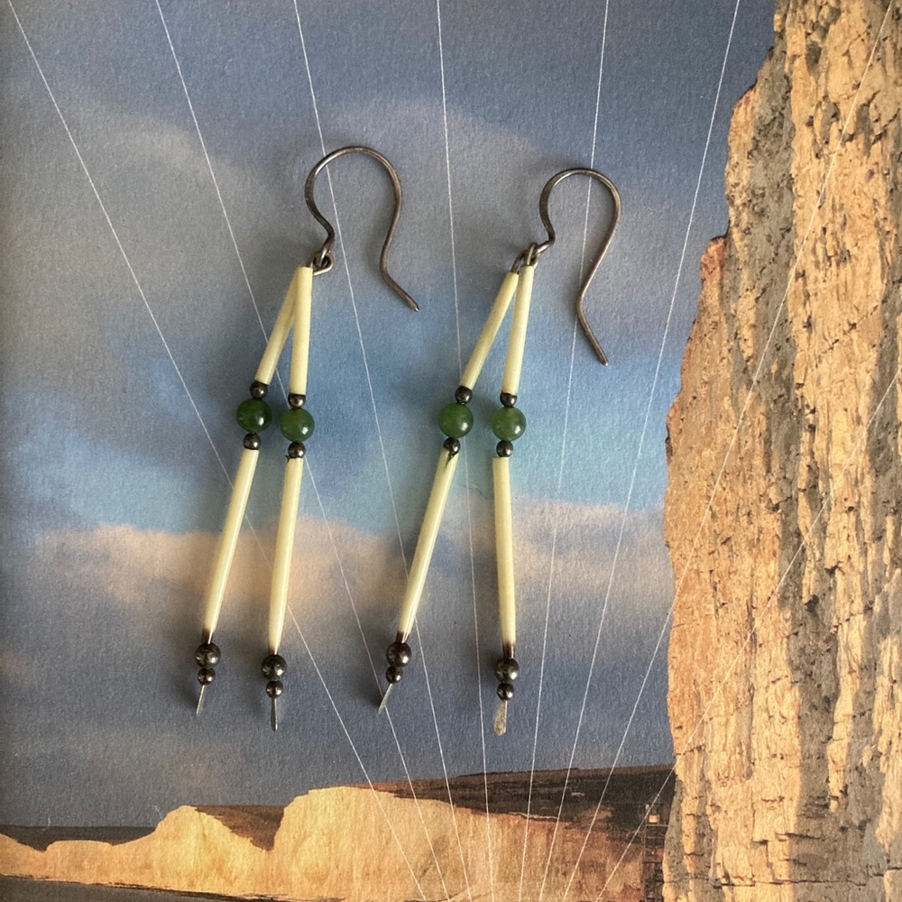 Vintage porcupine quill, jade bead silver earrings